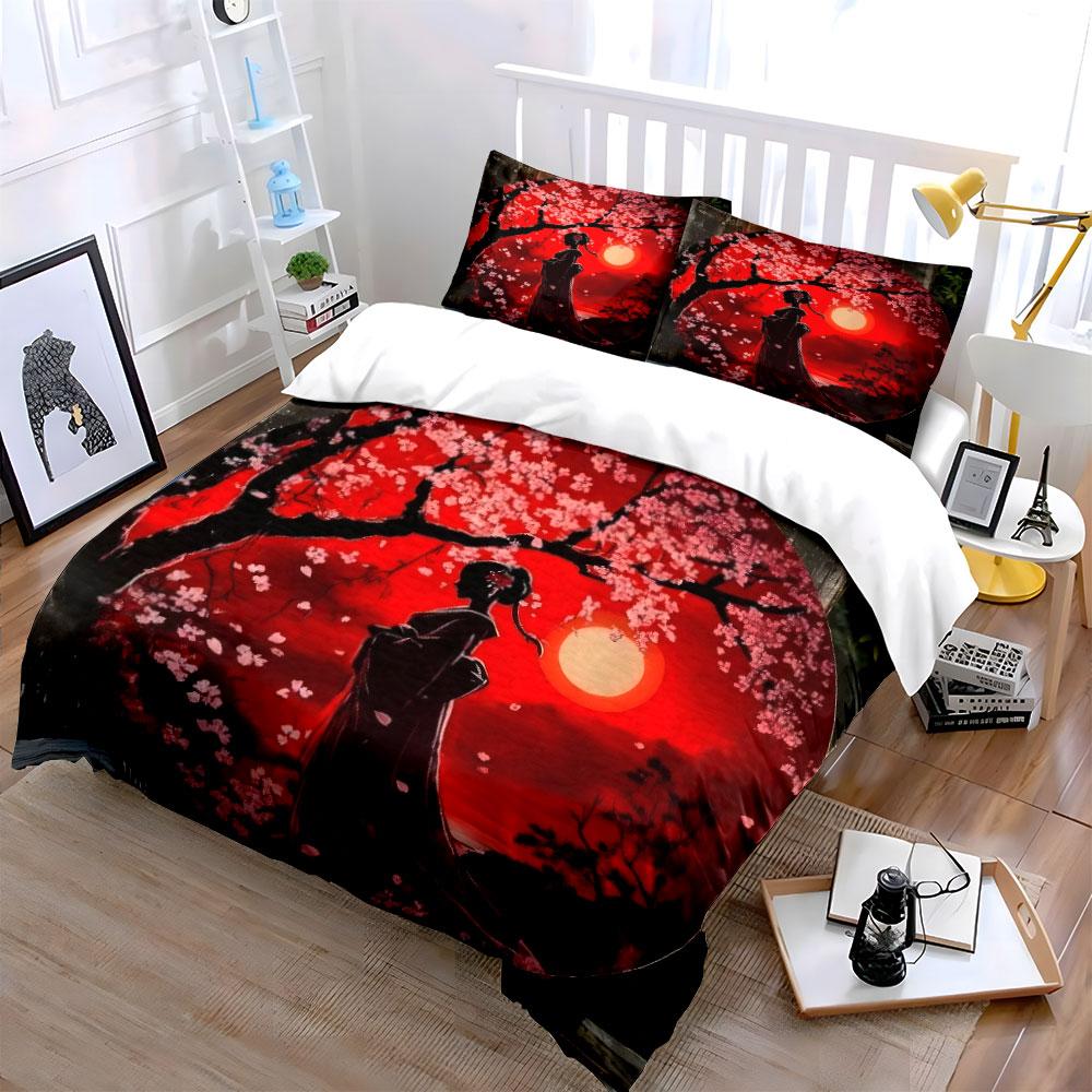 Japanese Style Sakura Sunset Decor Soft Comfortable Duvet Cover Bedding Set Included 1*Duvet Cover & 2*Pillowcases, Gift