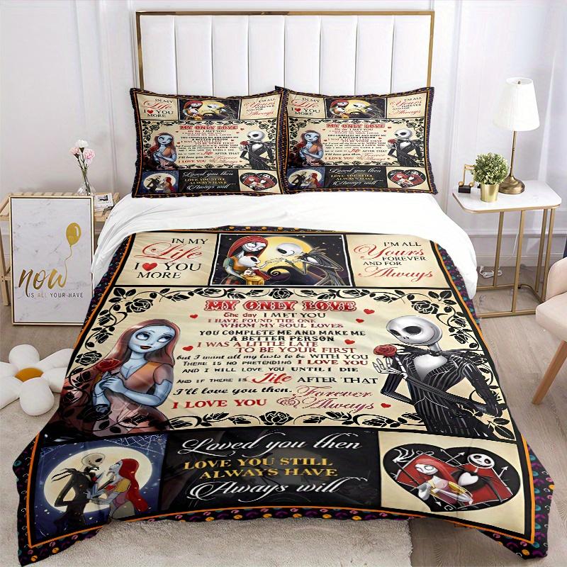 3pcs My Only Love Jack and Sally Printed Bedding Set, Soft and Comfortable Quilt Cover for Bedroom, Guest Room F067