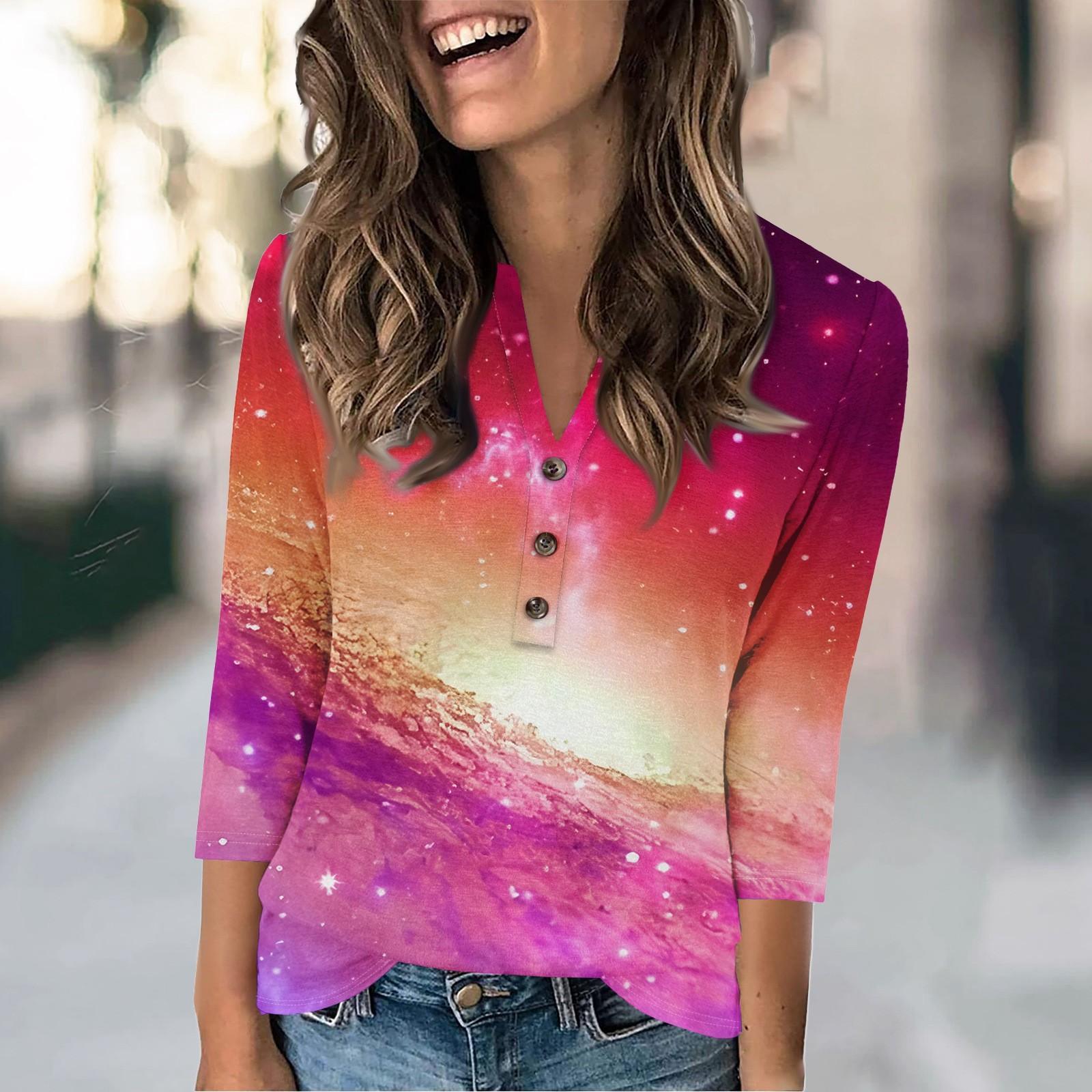 

Жіноча Мода Повсякденний Вінтажний Принт Зірки V-подібний Виріз Рукав Три чверті Ґудзики Футболка Топ S рожевий