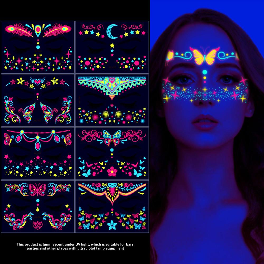 4/8Pcs Fluorescent Face Tattoo Stickers Colorful Flower/Butterfly/Feather Design Temporary Decal Waterproof Makeup/Party Tattoos