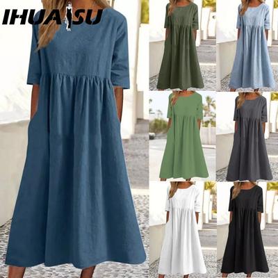 Frühling Sommer Damen O-Ausschnitt Kleid Lässig Locker Lange Kleider Übergrößen Kleider