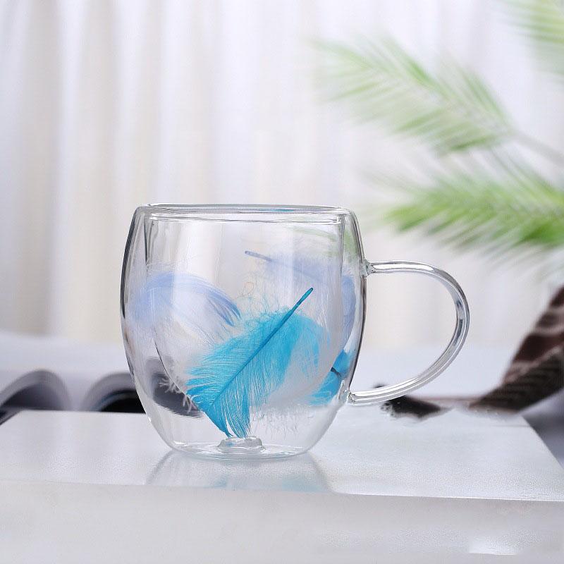 250/350ml Creative Feather Double Wall Glass Cup With Handle Espresso Cups Milk Latte Cappuccino Tea Water Couple Mug Gift