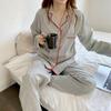 Women's Striped Long-Sleeve Cardigan Pajama Set - Korean Style