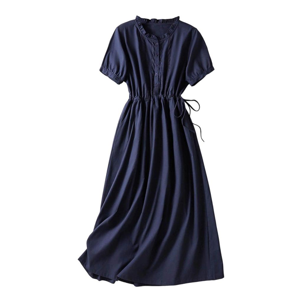 Women Casual Linen Cotton Dress Short Sleeve Shirt Dress with Button Front Waist Drawstring Midi Length Summer Dress