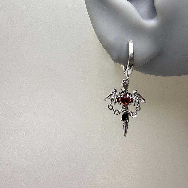 Punk Red Zircon Heart Wings Drop Earrings for Women Men Sweet Cool Metal Crystal Cross Piercing Earrings Y2K Jewelry Accessories