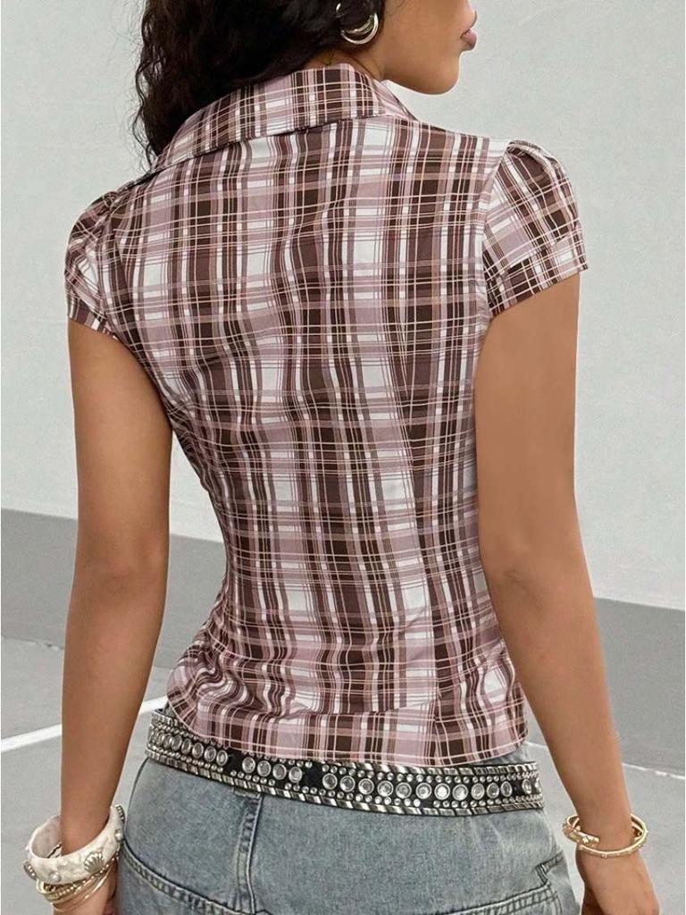 Women's Plaid Lapel Cropped Shirt, Slim-Waist Retro Streetwear for Summer