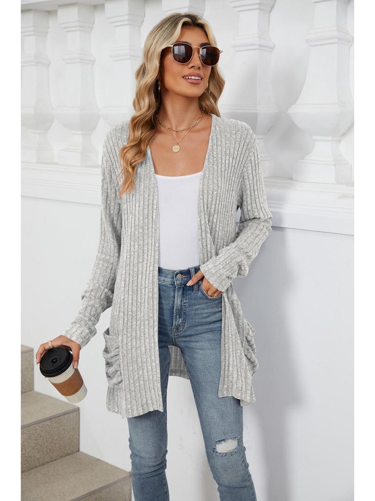 2024 Autumn/Winter Solid Color Long-Sleeve Pocket Cardigan Knitwear