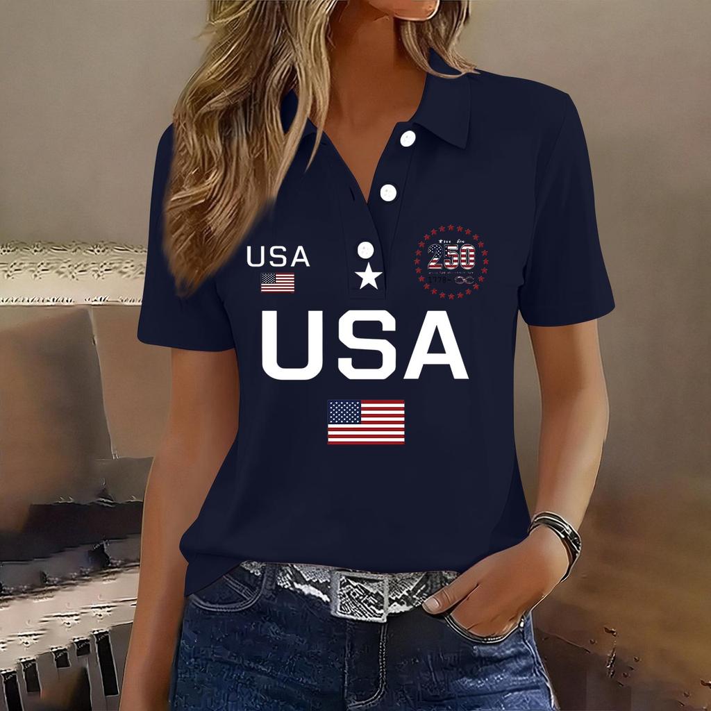 Damen Casual Kurzarm Knopf-Polohemd USA-Aufdruck 250. Jubiläum Grafik Leichtes Sommeroberteil