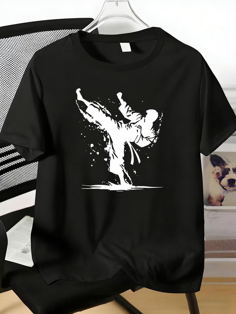 Unisexs Tee Ink Splash Karate Kick Fighter Silhouette Art Print Cotton Short Sleeve Male Casual Streetwear Daily Basic Fashion Top