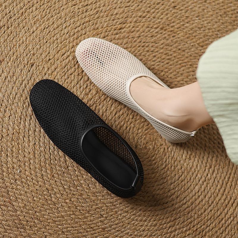 Fashion Women's New Genuine Leather Cowhide Spring and Summer Breathable Net, Low Heel Round Toe Oversized D Casual Single Shoe