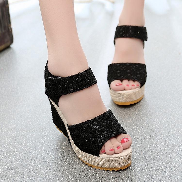 

Spring and summer wedge sandals Velcro thick-soled waterproof table lace super high heel wedge sandals women 35 чорний
