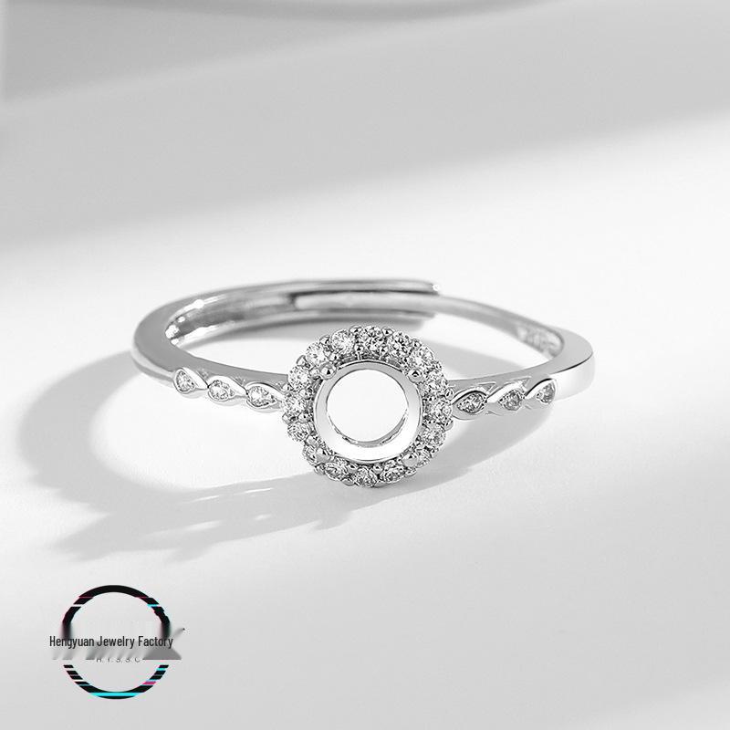 European & American Niche Design Open Copper Ring with Empty Round Imitation Jade or Huazi Diamond Inlay, 925 Silver Setting