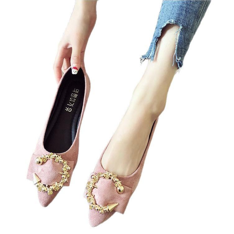 Spring New Flat-soled Single Shoes for Women, Shallow Mouth Metal Decoration, Pointed Toe Cover Feet, Doudou Shoes for Women