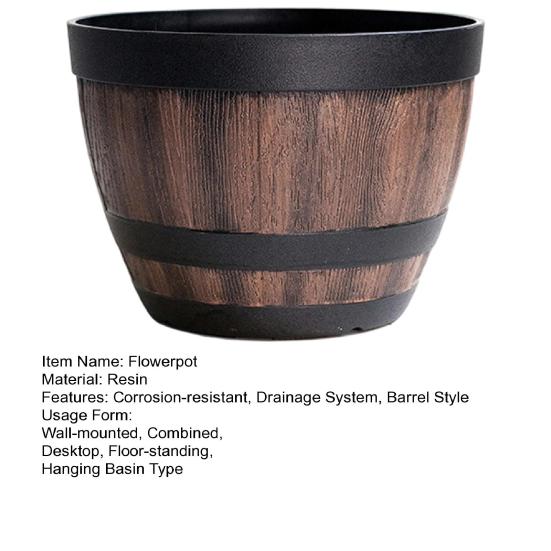 Flowerpot with Built-In Drainage System Rustic Barrel Style Decorative Garden Planter