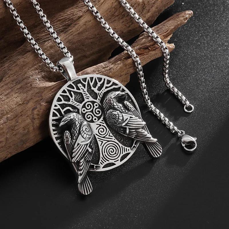 Retro Norse Mythology Double Raven Tree of Life Pendant Necklace for Men Cool Hip Hop Jewelry Gift