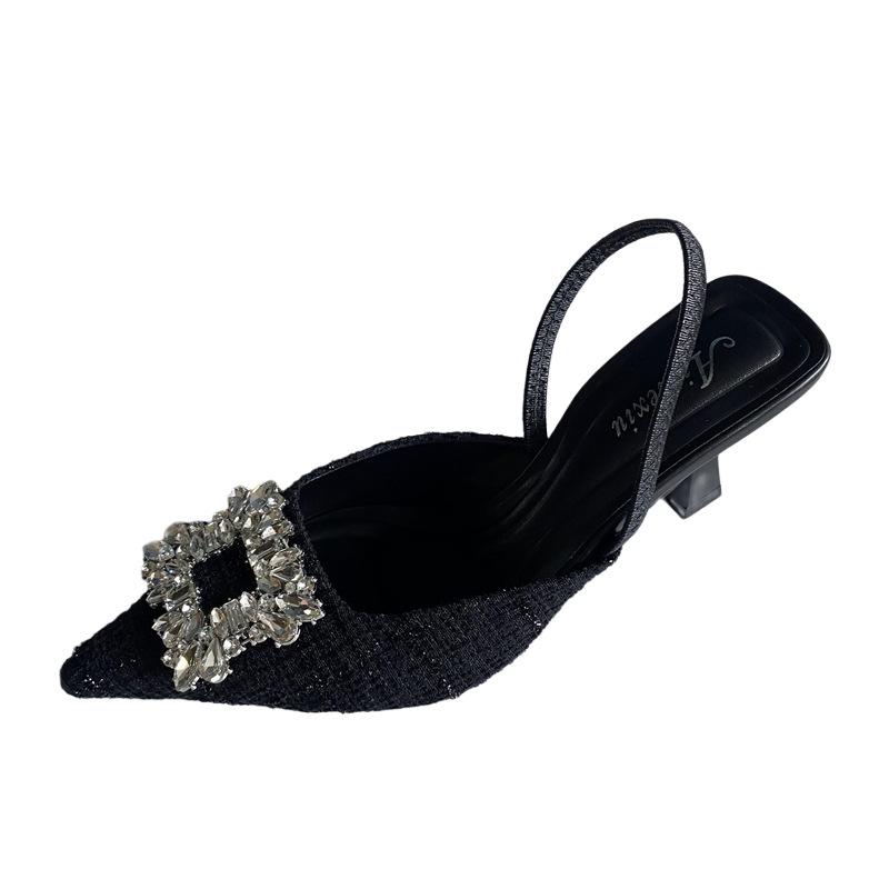 Baotou sandals women's summer thin heel high heel square buckle rhinestone pointed head shallow mouth rear empty single shoes women