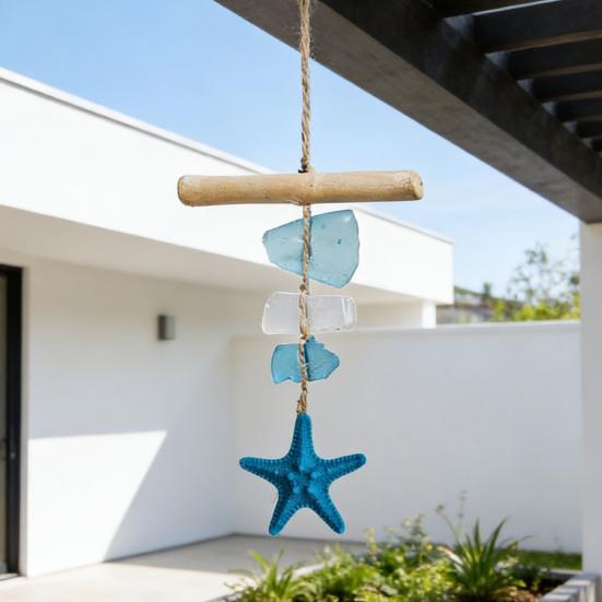 Seaglass Hanging Decoration Handmade Bohemian Coastal Nautical Starfish Sea Glass Art Home Office Beach House Wall Ornament Pendant