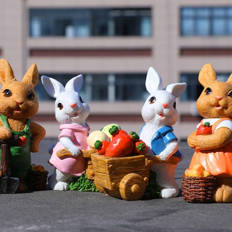 2Pcs Easters Bunnies Sculptures Resins Animal Ornaments Rabbit with Cart Figurines for Balconies Patios or Home Decors