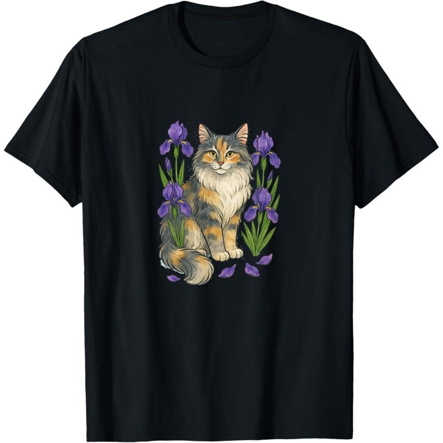 Dilute Calico Maine Coon Cat Surrounded by Irises T-Shirt S