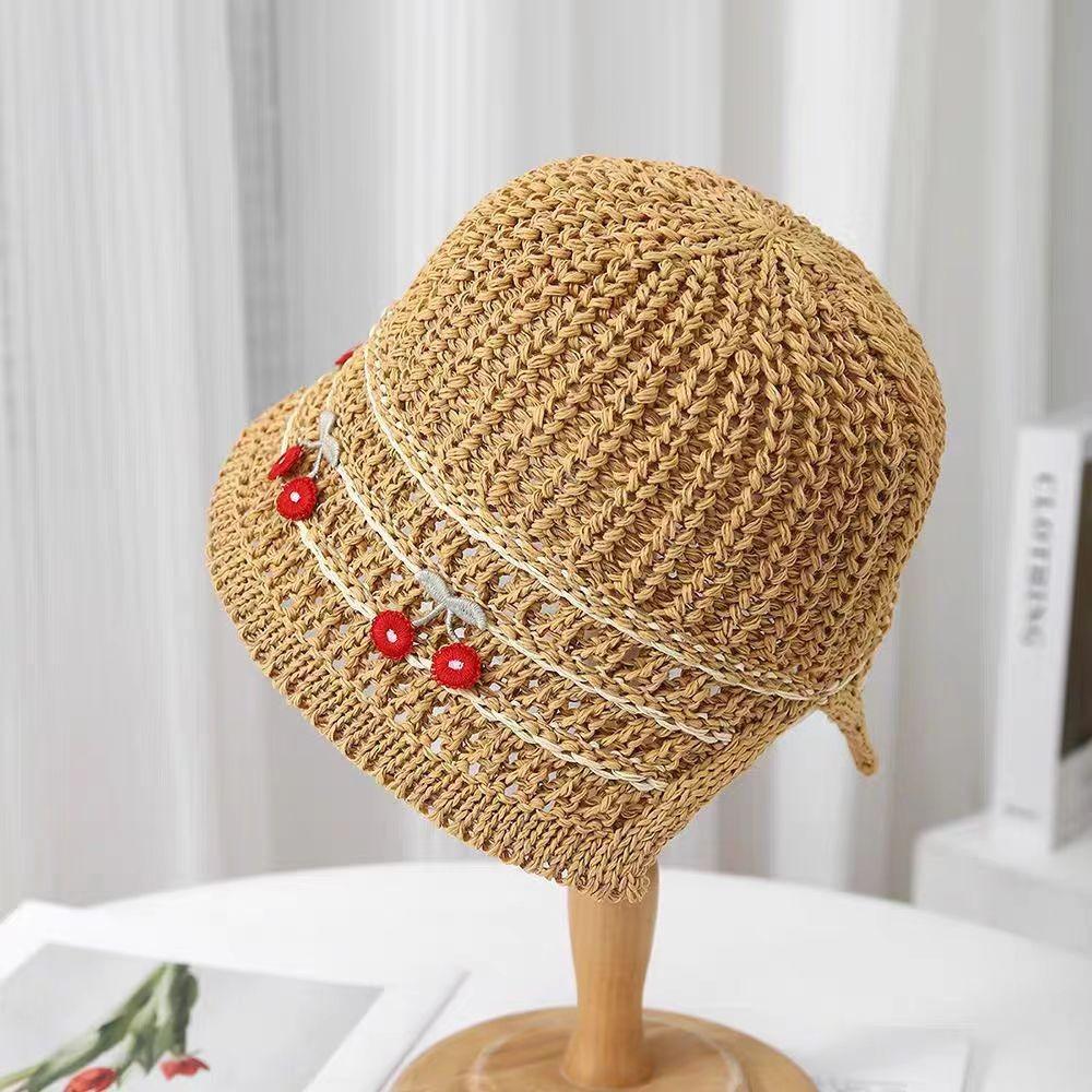 

Fashion Cherry Straw Hat Sun Protection Foldable Woven Hat Wide Brim Elegant Sunscreen Hat Seaside Beach хакі