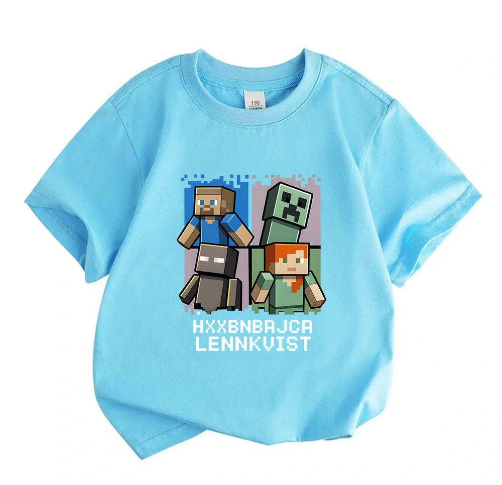 Kids Boys Girls Crew Neck Short Sleeve 100% Cotton T-Shirt, Cute Pixel Game Characters Printed Casual Soft Breathable Summer Tee for Youth Daily Wear