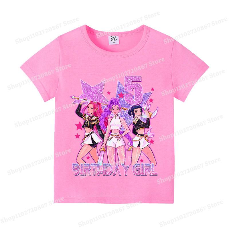 KPop Demon Hunters Birthday T-shirt Girl Kawaii Anime Pattern Short Sleeve Children's Fashion Cartoon Tee Top Home Clothing Gift