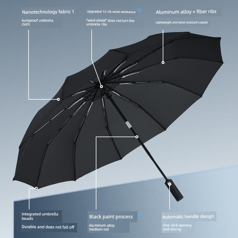 Easy-Fold 12-Rib Umbrella, Large Automatic Umbrella for Men, Dual-Use for Sun and Rain, Sunshade Umbrella, Windproof Folding Umbrella