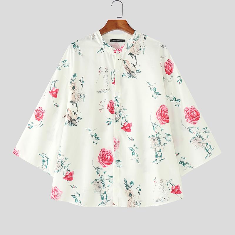 

INCERUN Мужские рубашки оверсайз без воротника с рукавами 3/4 с цветочным принтом, повседневные, свободного кроя абрикосовый