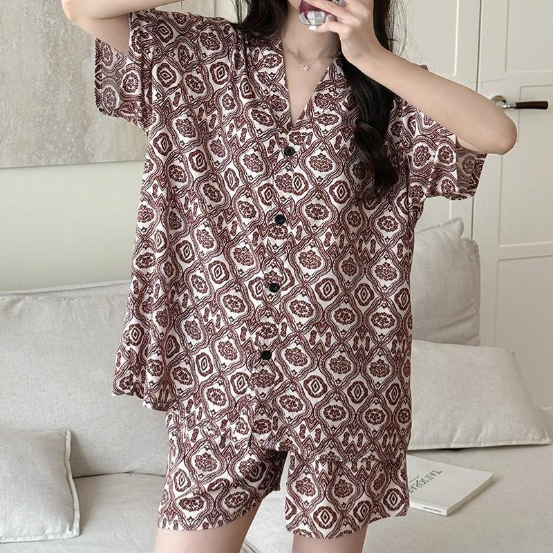 New Artificial Cotton and Silk Short-sleeved Shorts Summer Pajamas Women's Sweet Cardigan Casual Loungewear