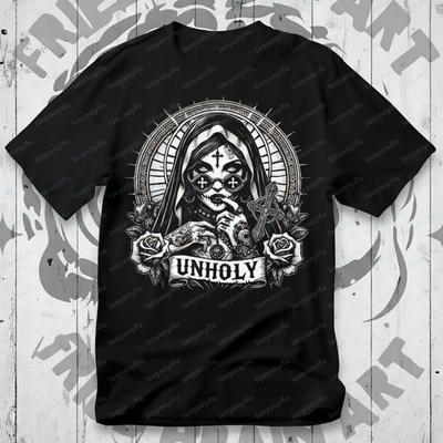 Unholy Nun TShirt Gothic Satan Baphomet Halloween Shirt Vintage Aesthetic Clothes Graphic T Shirts Y2k Top High Quality Cotton