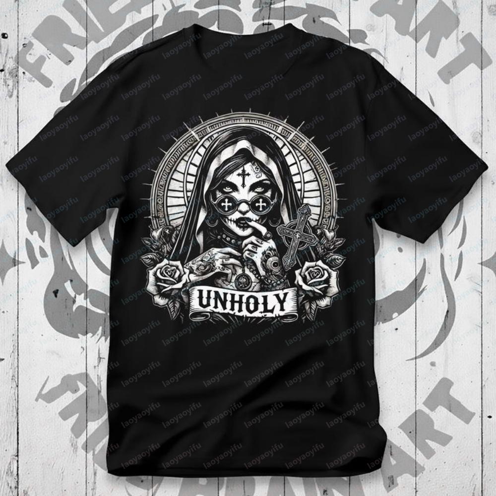 Unholy Nun T-Shirt Gothic Satan Baphomet Halloween Shirt Vintage Ästhetik Kleidung Grafik T-Shirts Y2k Oberteil Hohe Qualität Baumwolle