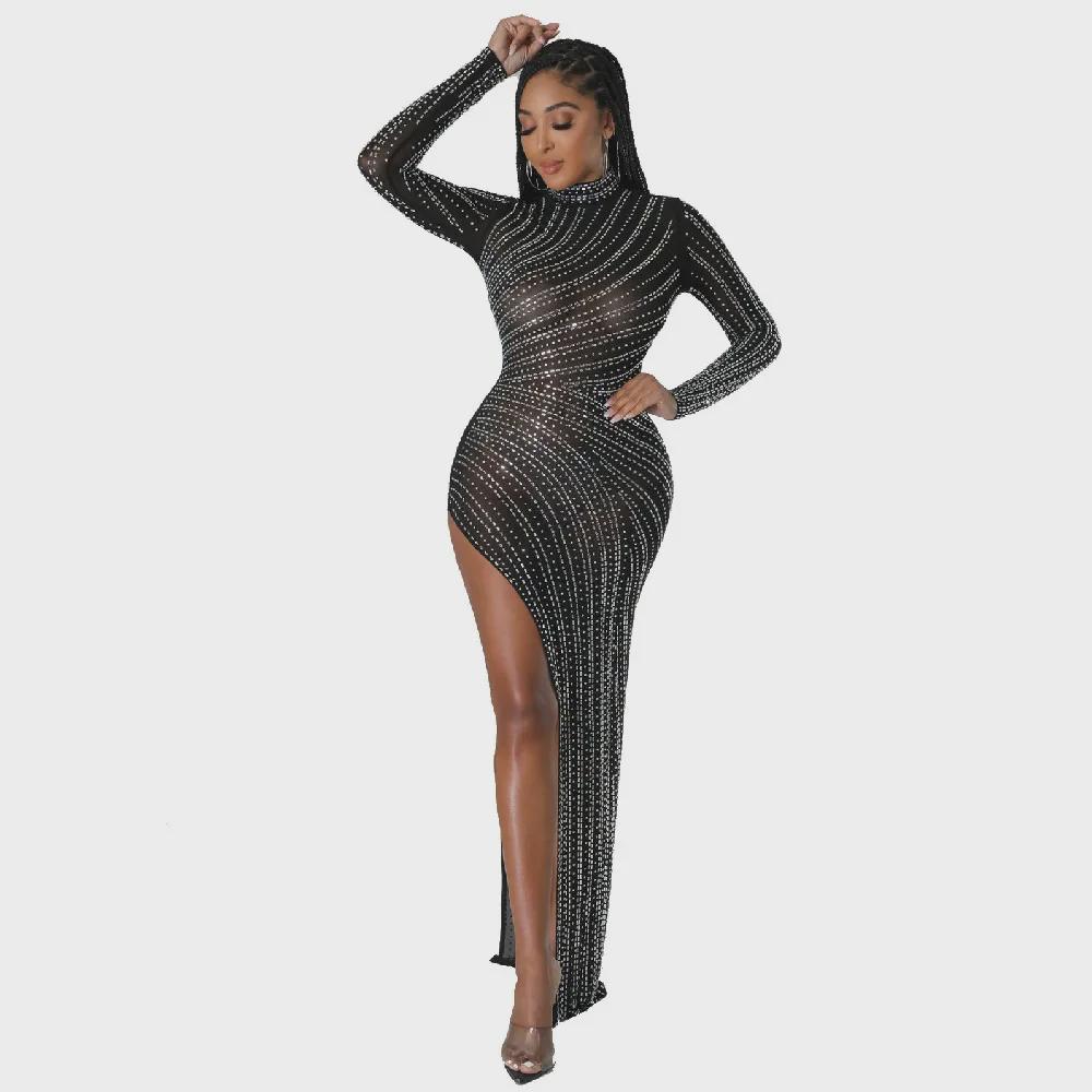 High-Slit Mesh Diamond Evening Gown