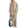 2 Pcs/Set Women Shirt Pants Set Solid Color Lapel Long Sleeve Wide