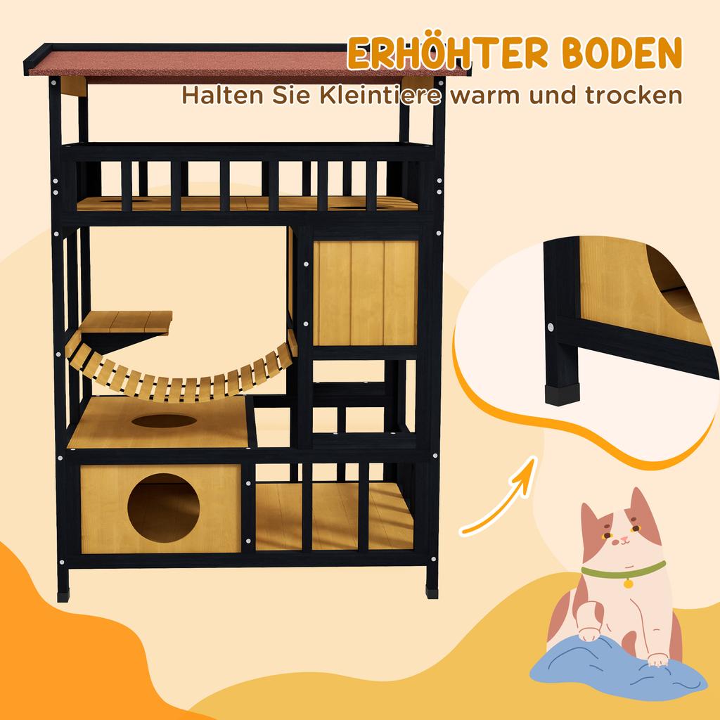 Outdoor Cat Shelter, Four-Tier Wooden Feral Cat House, with Suspension Bridge, Cat Houses, Balcony, Escape Doors