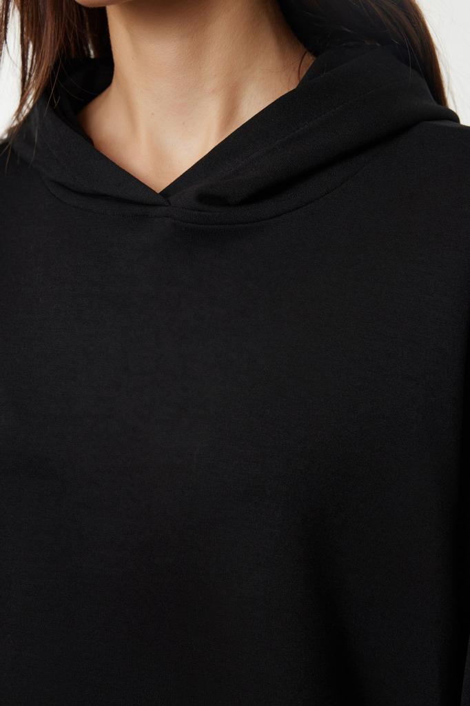 Women's Fashionable Stylish Sweatshirt Black Hooded Stitching Detailed Regular Normal Cut Soft Touch Knitted Sweatshirt