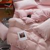 Retro Japanese Style Washable Cotton Bedding Set - Plain Stripe, Button Design, 3-Piece