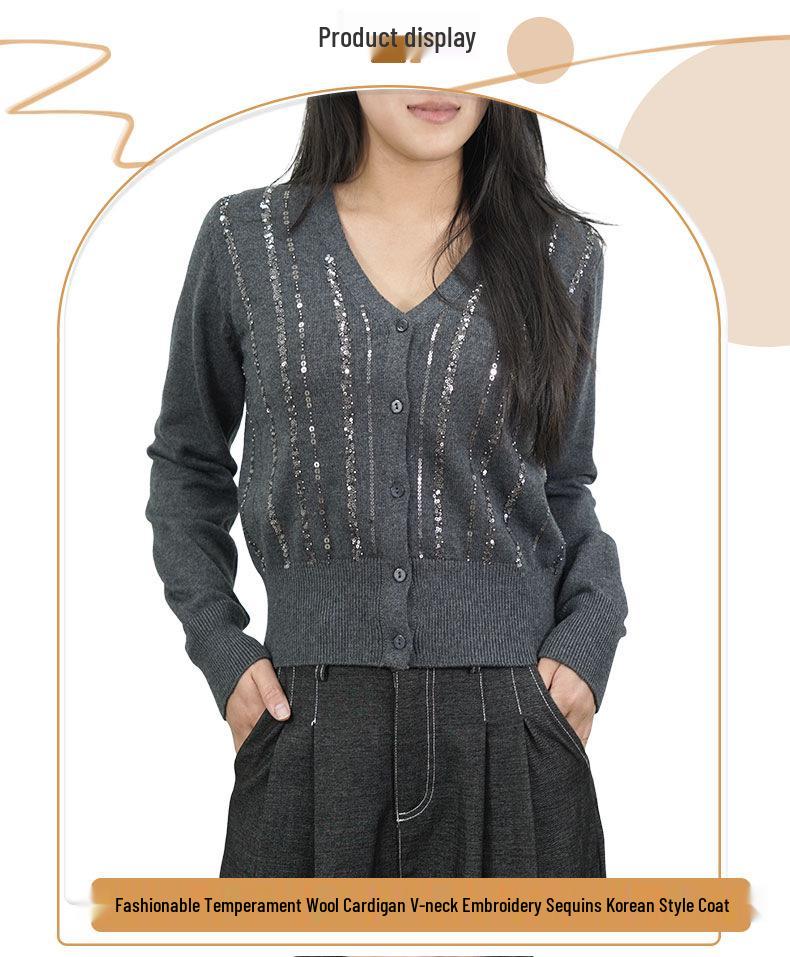 Nanyou Sequin Knit Cardigan - Women's Spring/Autumn Long Sleeve Wool Sweater
