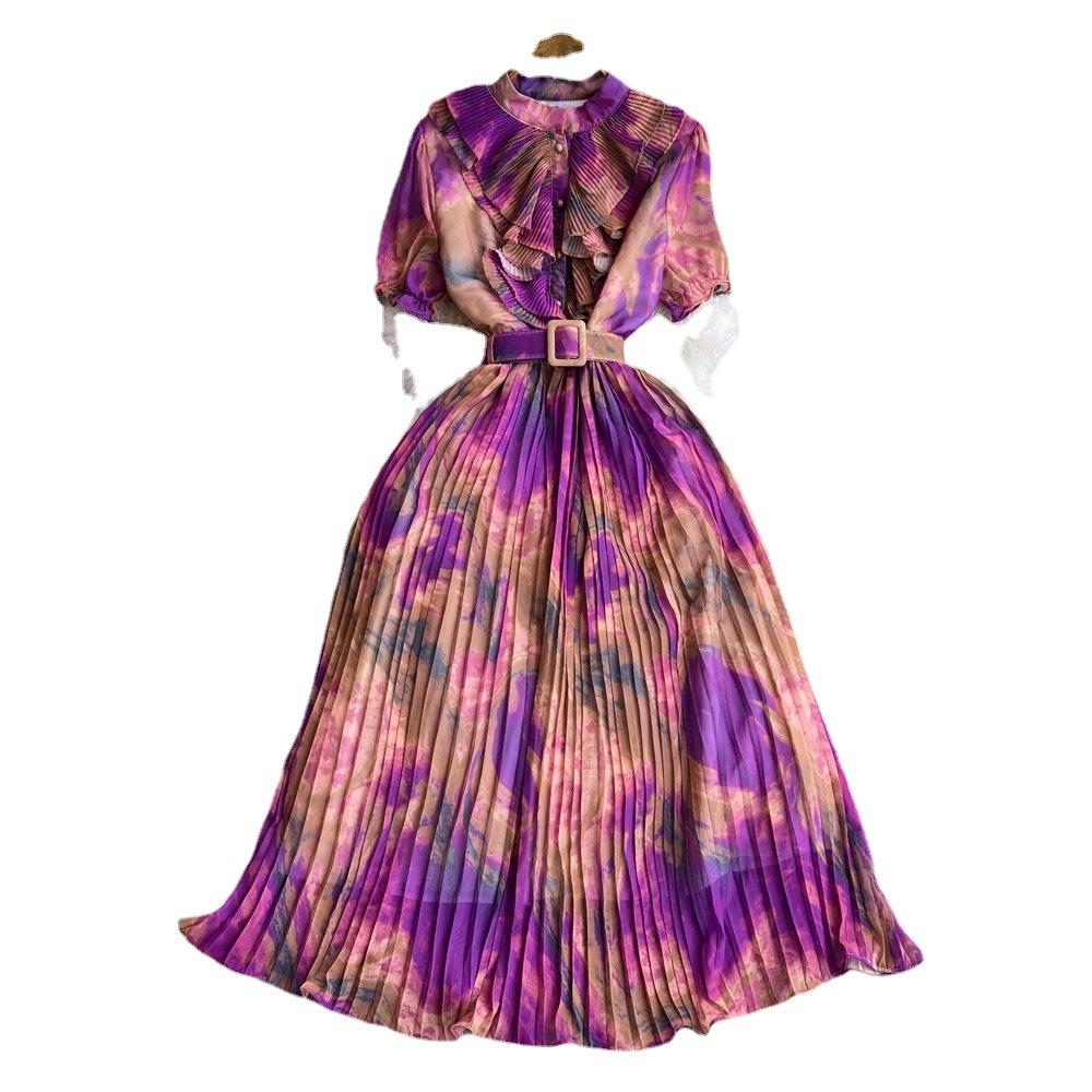 Holiday style French floral smudge dress women's summer new lace-up waist thin elegant pleated chiffon skirt