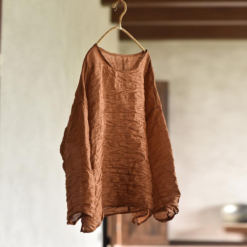 

Johnature женские летние футболки Ramie с круглым вырезом и длинными рукавами, однотонные футболки высокого качества, повседневные мягкие женские футболки One Size кофейный