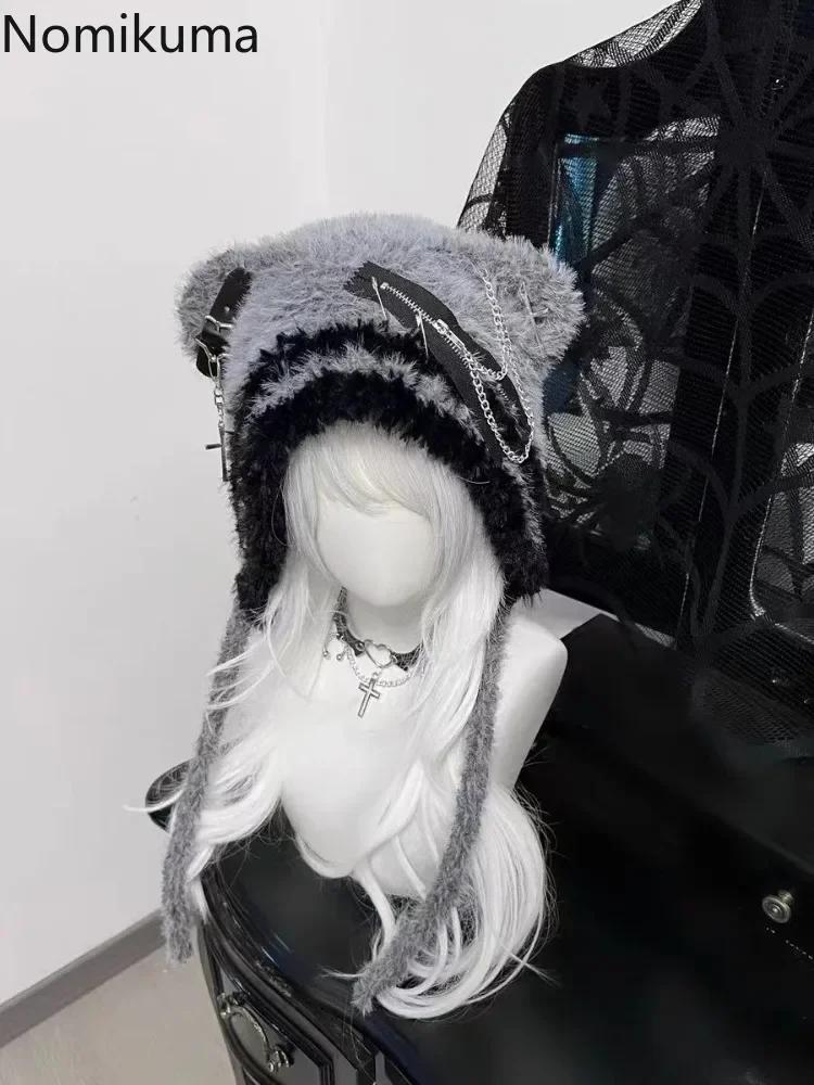 Harajuku Gothic Lolita Knitted Cat Ear Hat Women Punk Designer Cross Bat Winter Black Beanie Cute Hat Female Accessories Cap