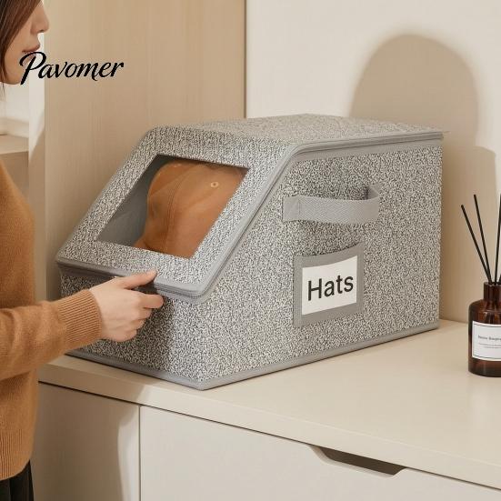 Reinforced Hat Storage Container Baseball Cap Box, with Clear Viewing Lid, Dustproof Breathable Non-woven Custom Box Container, Stackable Organizer