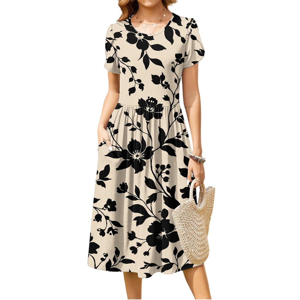 Women's Fashion Casual Loose Floral Print Round Neck Pocket Short Sleeve Dress