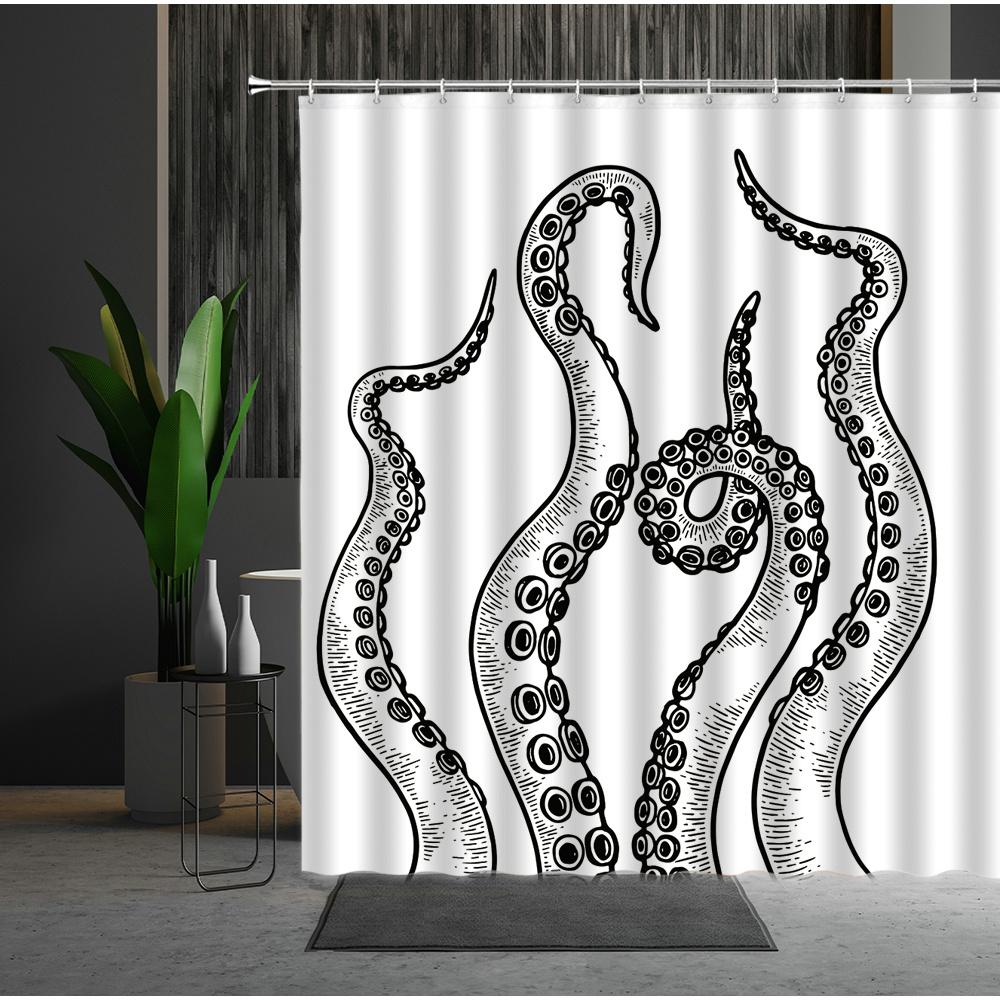 Funny Sea Monster Octopus Shower Curtain Marine Organism Tentacle Black And White Style Bath Curtains Bathroom Decor Fabric Hook