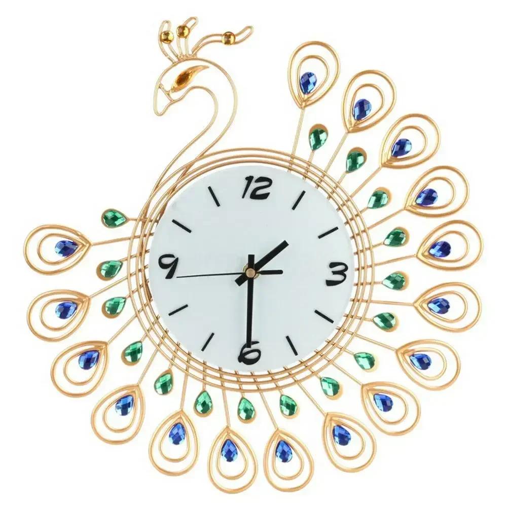 3D Peacock Wall Clock Metal Watch Diamond Flower Home Living Room Office DIY Clocks Crafts Ornaments Gift 38x38cm J1Z2R5