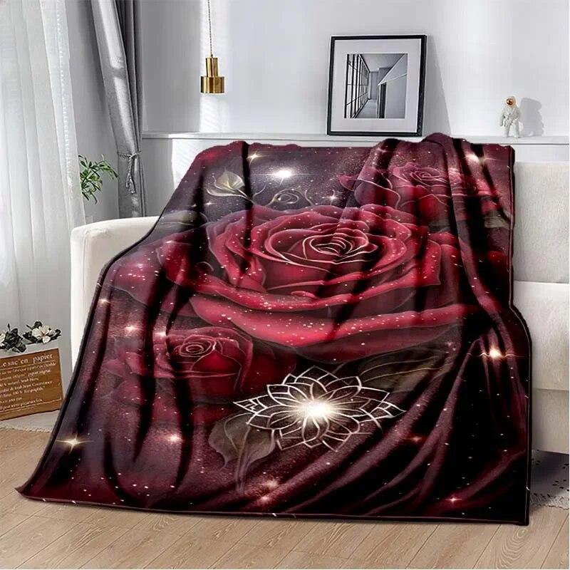 Patterned Red Rose Lightweight Flannel Blanket ,Warm Soft Cozy Blanket Home Decor Birthday Gift For All Season Blanket