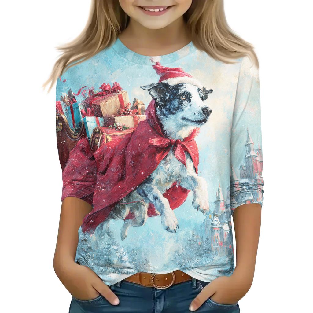 Christmas Day Print Tops For Youth Girls 5-16 Years Round Neck 3/4 Sleeves T-Shirts Trendy Tops Outfit Tees