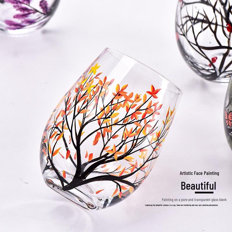 Four Seasons Hand-Painted Crystal Glass Goblet & Egg Cup Set