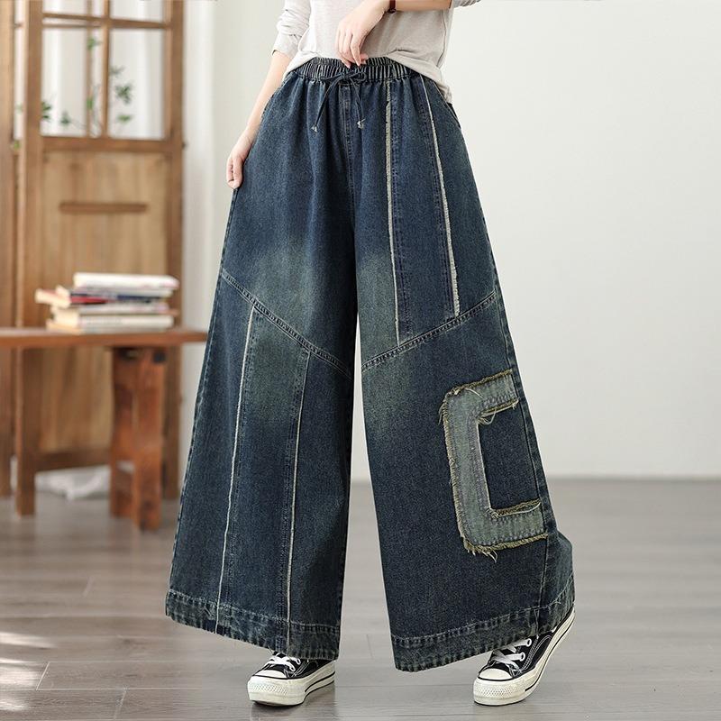 Women's Fashion Jeans Vintage Patchwork Wide Leg Loose Fit Stretchy Comfortable Plus Size Denim Pants for Spring Fall