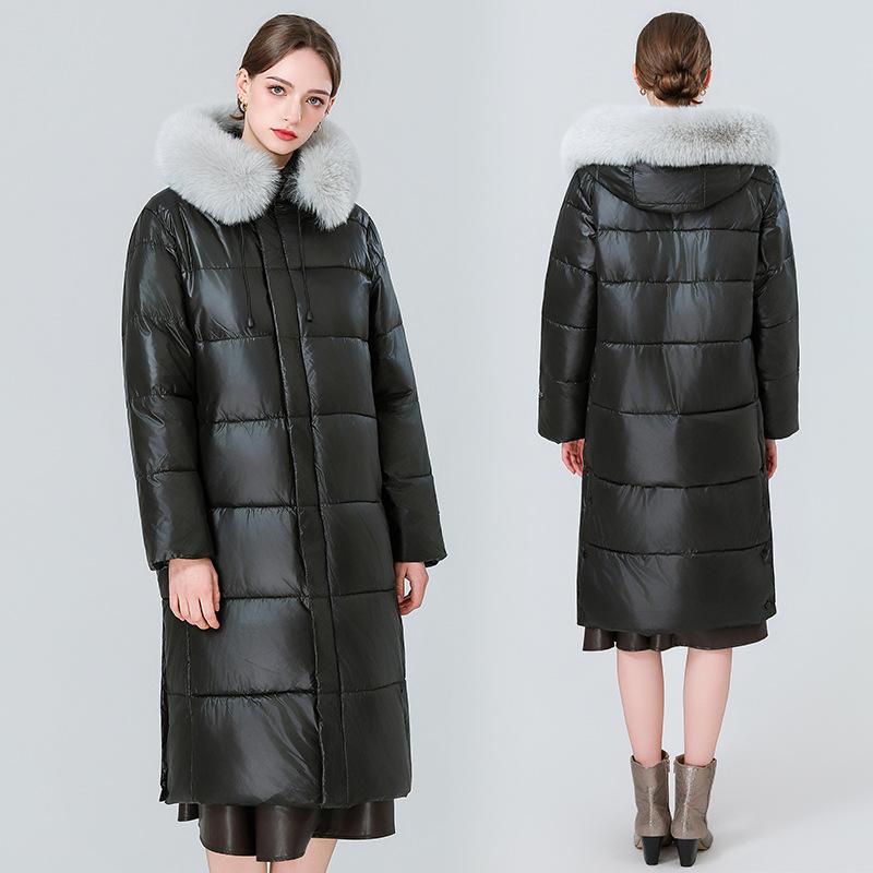 Commuting temperament glossy long cotton-padded clothes women's big fur collar hooded cotton-padded jacket, over the knee long horizontal grid press