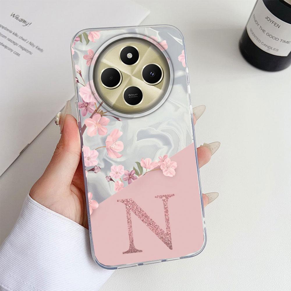 A Z Pink Letter Peach Flower  Shockproof Phone Case For Xiaomi Redmi Note 14 15 Pro+ Plus 15C 14C Silicone Couple Shell Cover